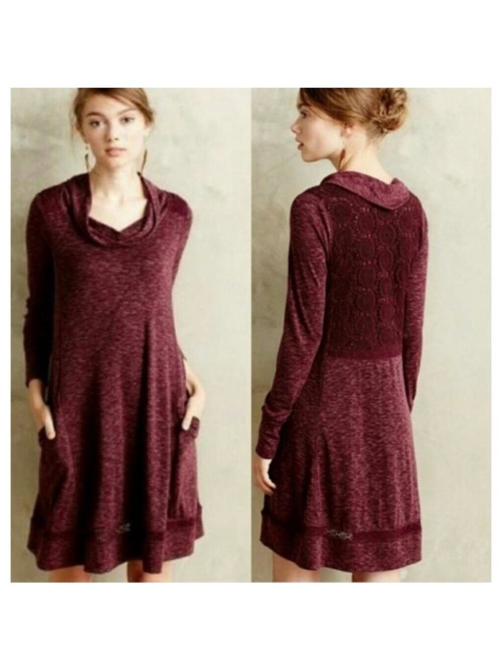 Saturday Sunday Heathered Red Long Sleeve Cowlneck Dress Crochet Lace Pockets